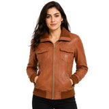 Women's Classic Tan Leather Bomber Jacket Motto front view in genuine leather with rib knit collar and YKK zip fastening