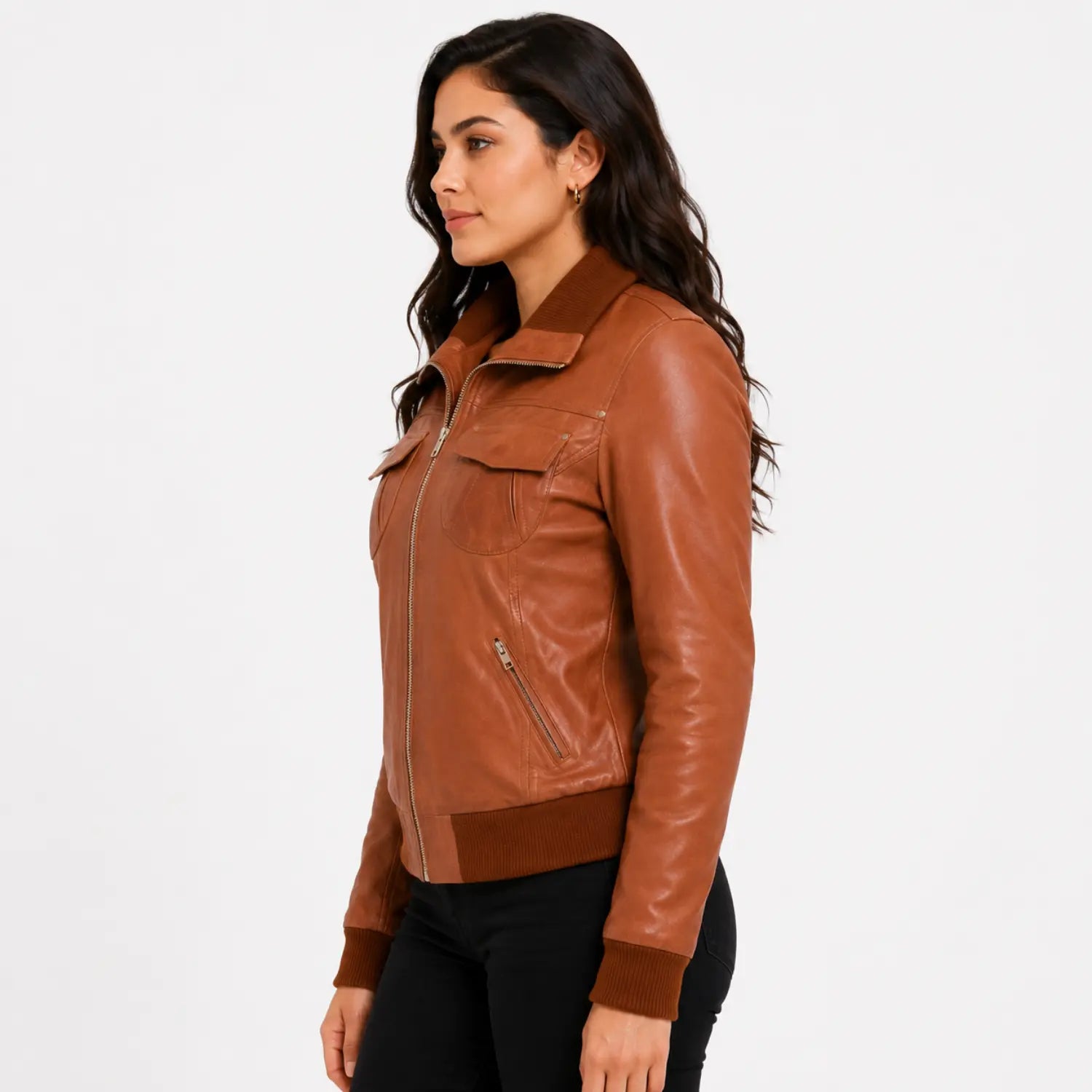 Left side view of Women's Classic Tan Genuine Leather Bomber Jacket with premium sheep nappa leather finish