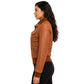 Profile view of Women's Classic Tan Leather Bomber Jacket featuring premium genuine leather and classic bomber silhouette