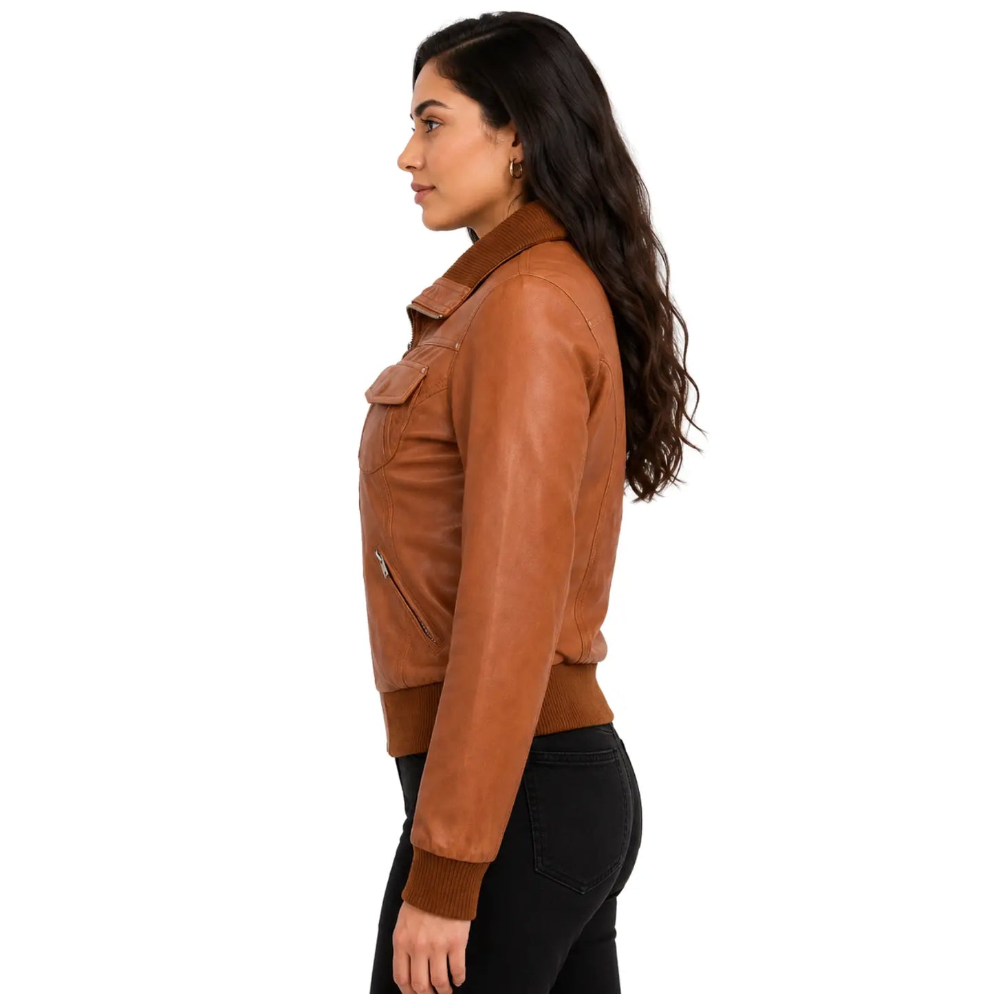 Profile view of Women's Classic Tan Leather Bomber Jacket featuring premium genuine leather and classic bomber silhouette