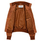 Interior view of Women's Classic Tan Leather Bomber Jacket showing soft polyester lining, inside pocket and TricoGear label