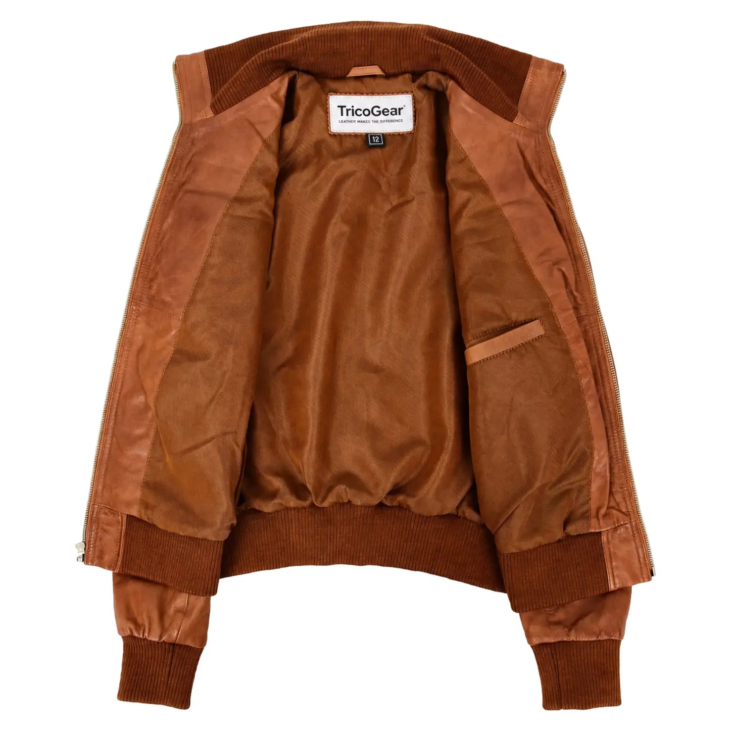 Interior view of Women's Classic Tan Leather Bomber Jacket showing soft polyester lining, inside pocket and TricoGear label