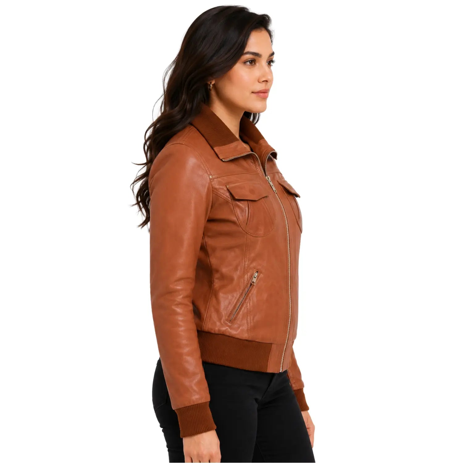 Right side view of Women's Classic Tan Leather Bomber Jacket with genuine leather construction and rib knit cuffs