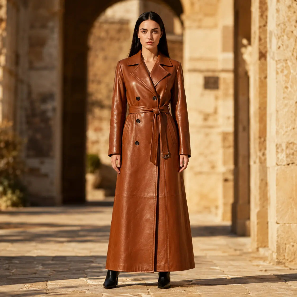 Women's genuine cognac tan leather trench coat full length double breasted with belt by Trico Gear