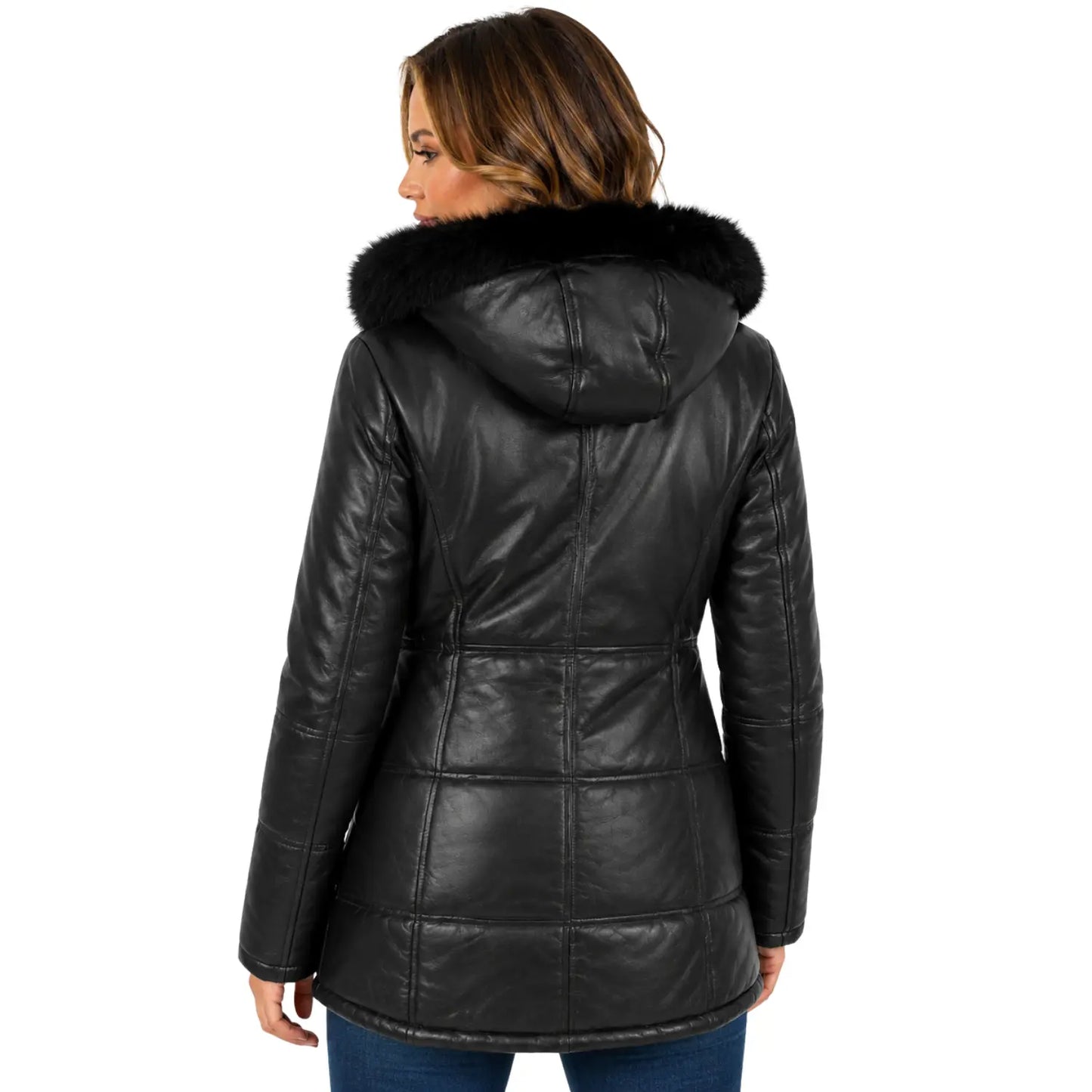 Back view of Women's Genuine Black Leather 3/4 Length Puffer Coat Lisa with longline quilted winter design and detachable fur hood