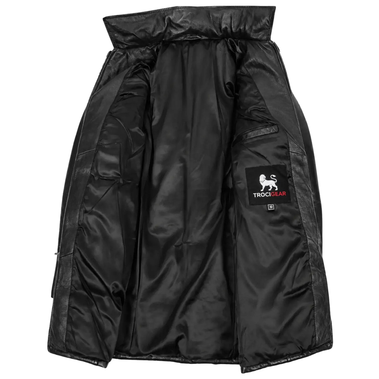 Interior lining of Women's Genuine Black Leather 3/4 Length Puffer Coat Lisa featuring premium polyester lining, inside pocket, and TricoGear branded label