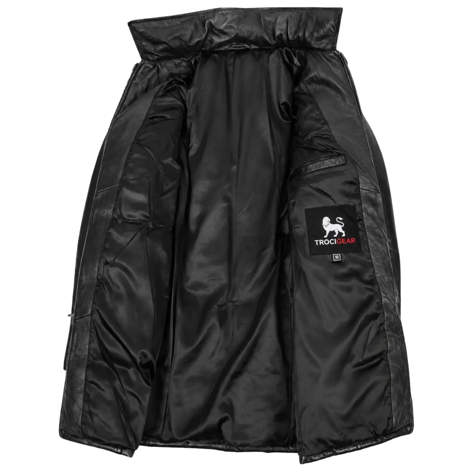 Interior lining of Women's Genuine Black Leather 3/4 Length Puffer Coat Lisa featuring premium polyester lining, inside pocket, and TricoGear branded label