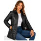 Women's Genuine Black Leather 3/4 Length Puffer Coat Lisa shown in a seated lifestyle pose highlighting the premium leather finish