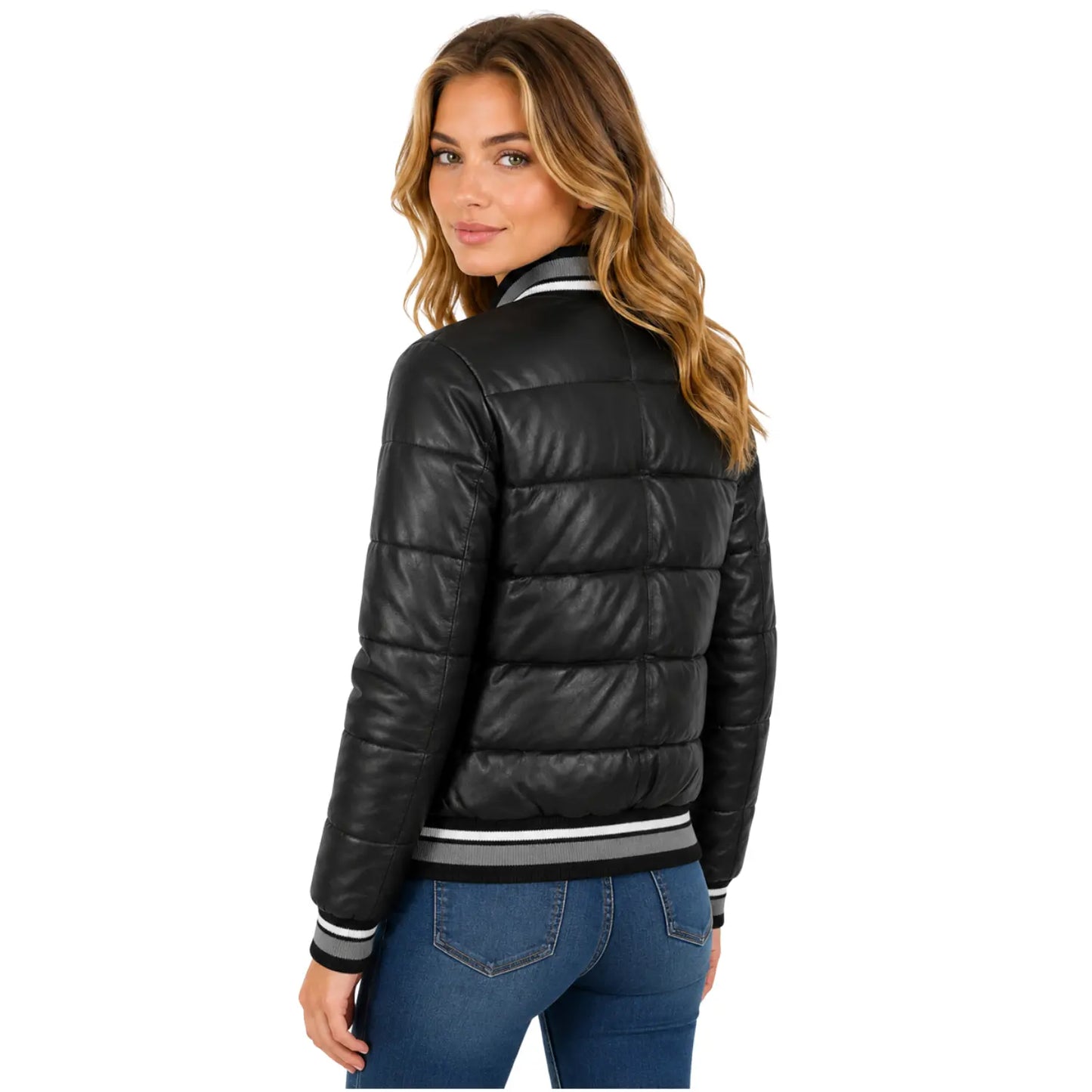 Back view of Women's Genuine Black Leather Puffer Jacket Myra featuring quilted padded design and removable hood