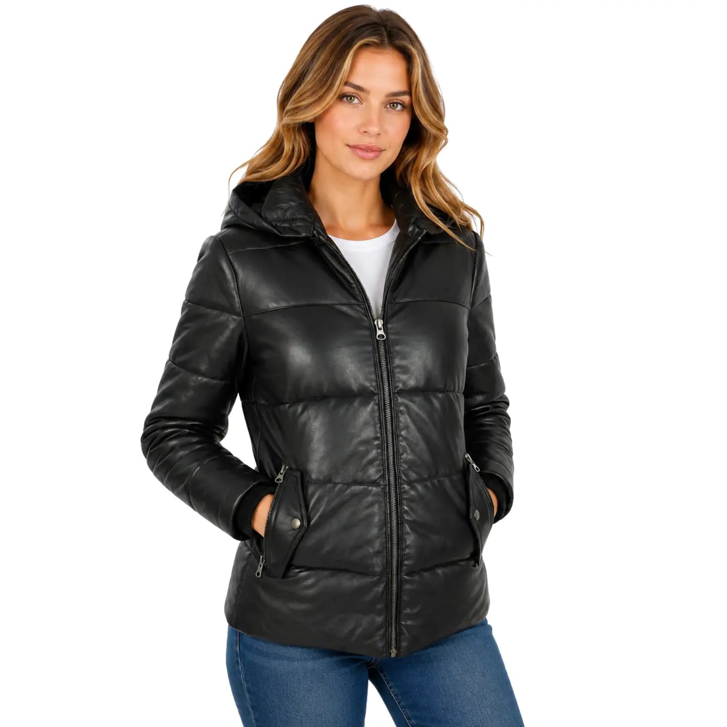 Women's Genuine Black Leather Puffer Jacket Myra front view with removable hood and quilted winter design