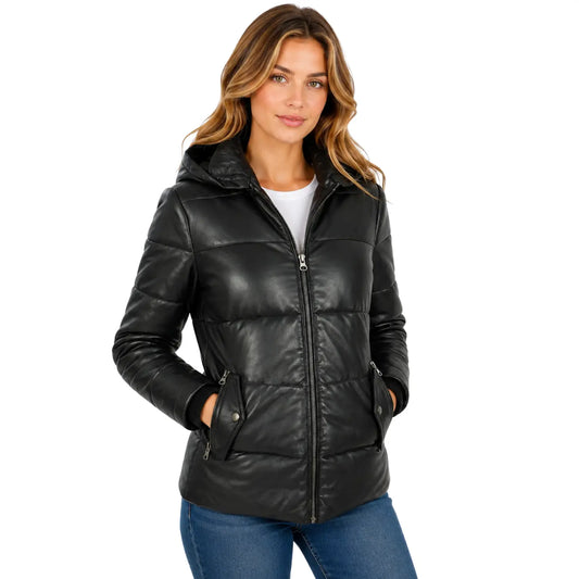 Women's Genuine Black Leather Puffer Jacket Myra front view with removable hood and quilted winter design