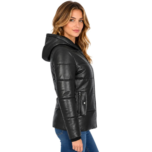 Side view of Women's Genuine Black Leather Puffer Jacket Myra with quilted padded leather construction and detachable hood
