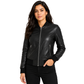 Leather Varsity Bomber Jacket Faye front view with rib knit collar and YKK zip fastening