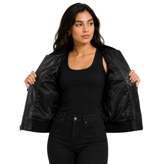 Black Leather Varsity Bomber Jacket Faye inside view with polyester lining, interior pocket and premium finish