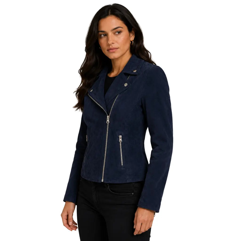 Angled front view of Women's Genuine Goat Suede Moto Biker Jacket in Lola Navy Blue with silver-tone hardware and slim fit