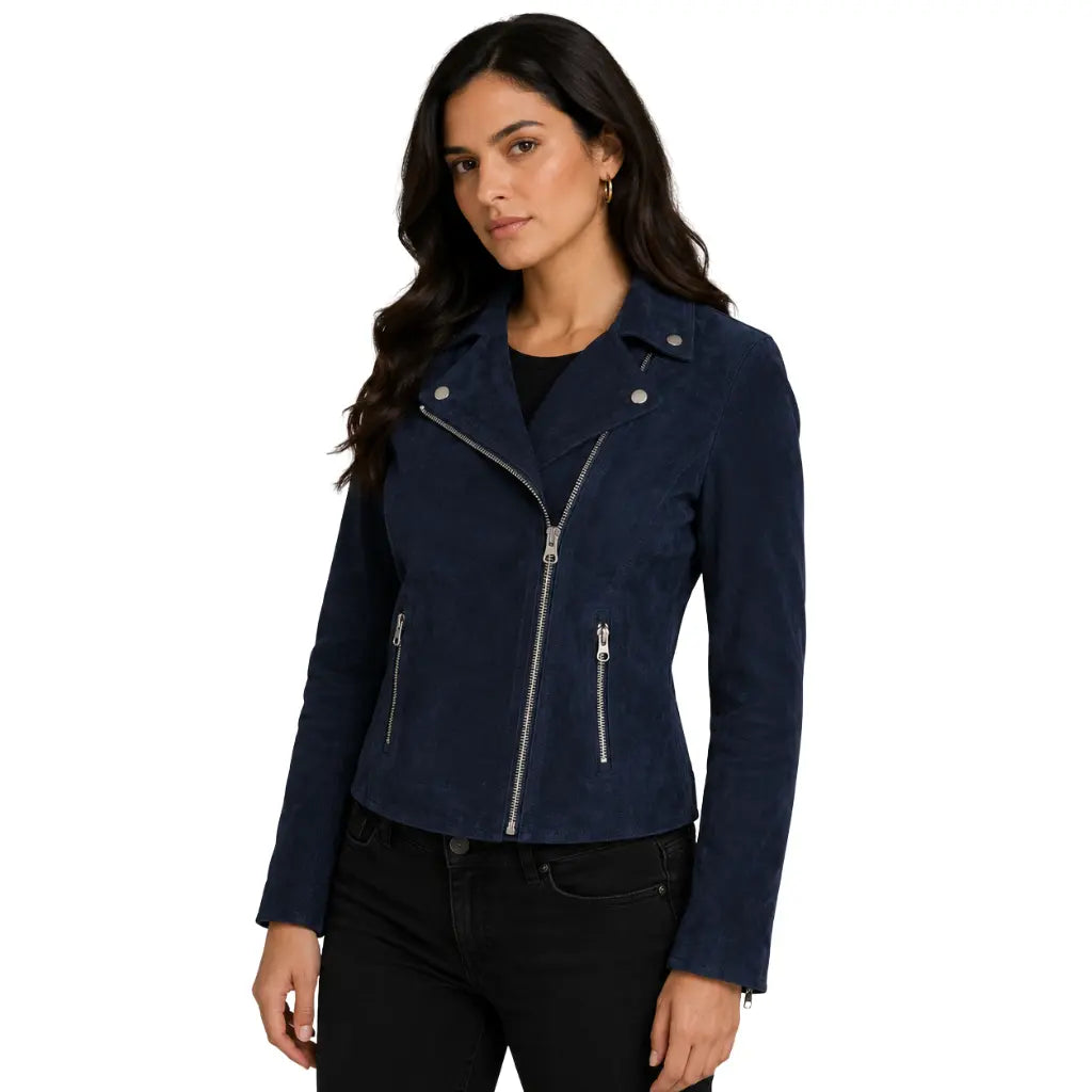 Women's Genuine Goat Suede Moto Biker Jacket in Lola Navy Blue front view with asymmetrical zip fastening and two zip pockets