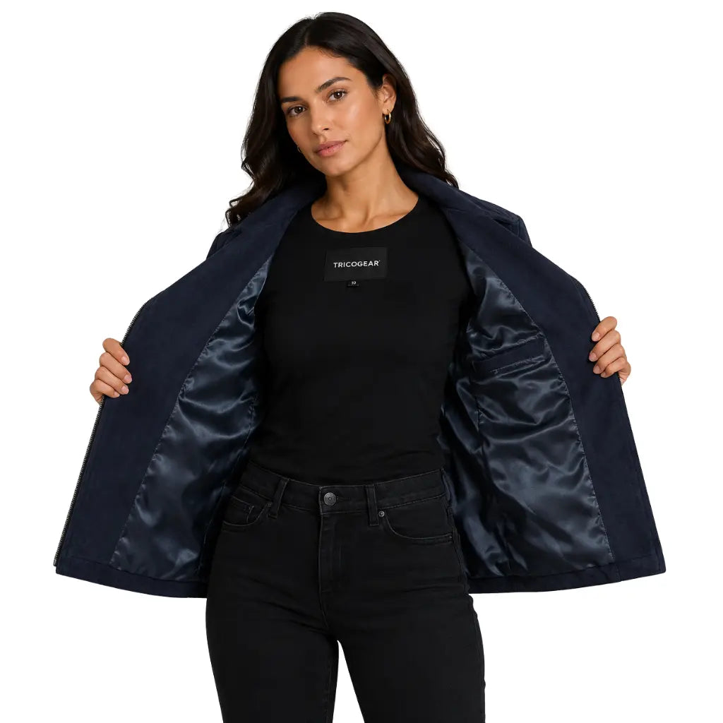 Model wearing Women's Genuine Goat Suede Moto Biker Jacket in Lola Navy Blue displaying the smooth satin lining and inside pocket