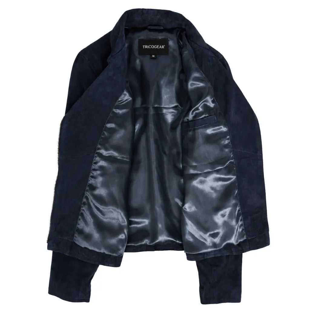 Women's Genuine Goat Suede Moto Biker Jacket in Lola Navy Blue showing satin lining and interior pocket