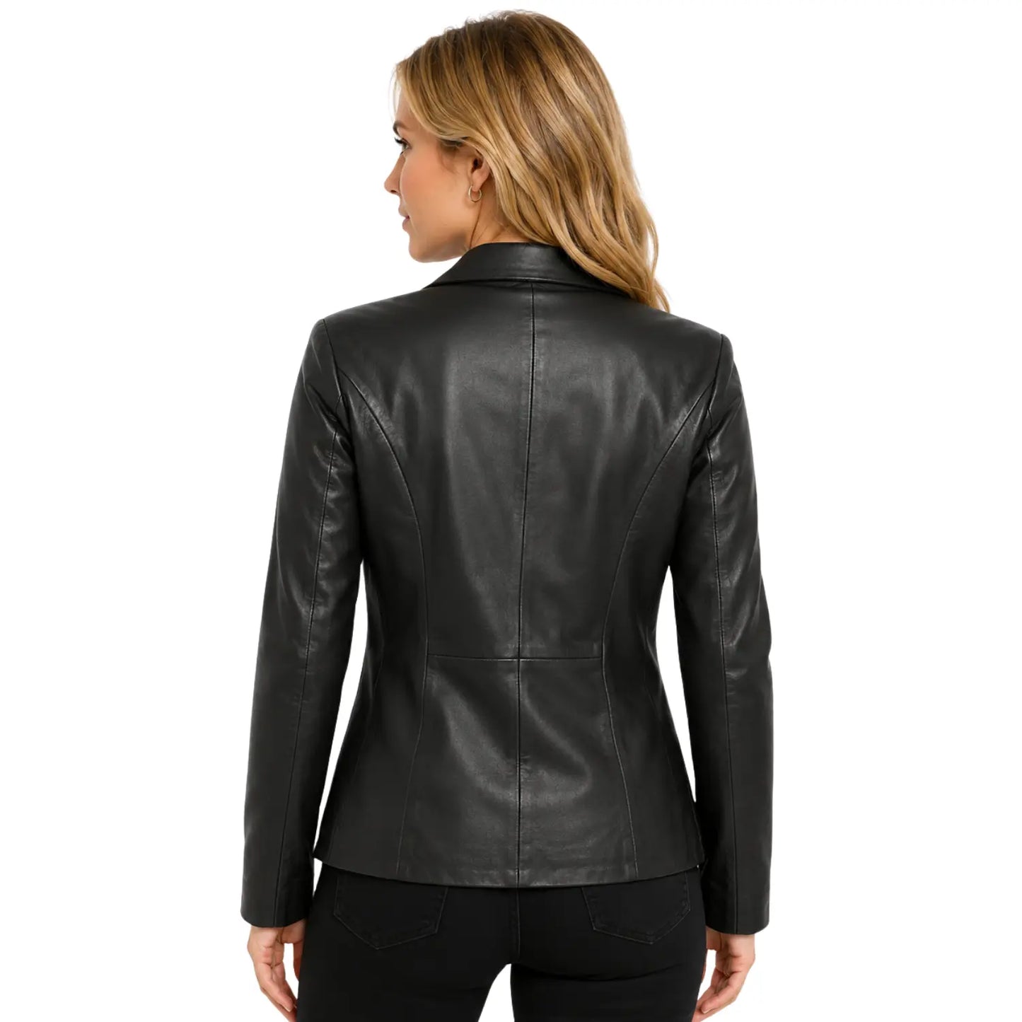 Back view of women’s Shirley Black genuine leather semi-fitted blazer