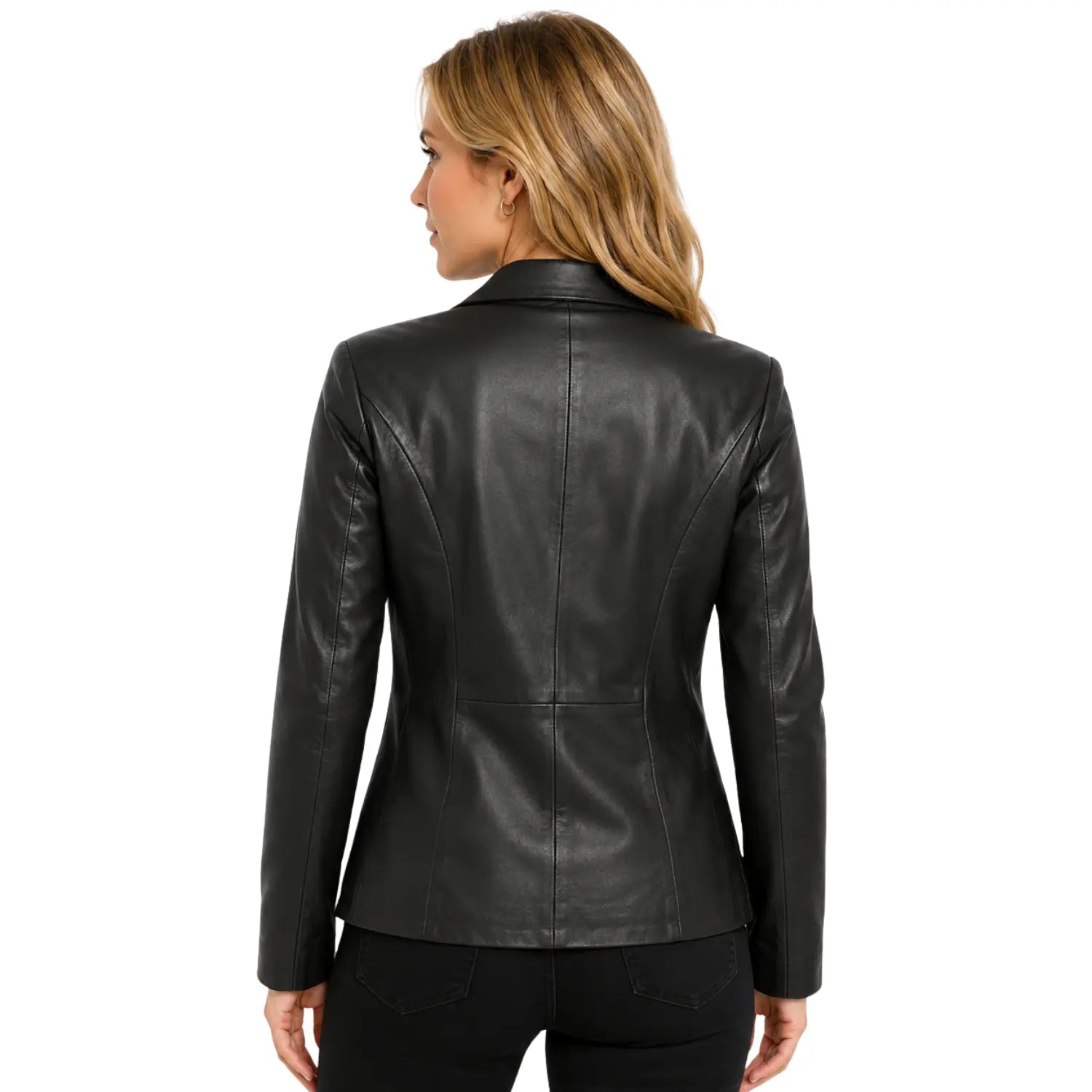 Back view of women’s Shirley Black genuine leather semi-fitted blazer