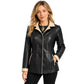 Women’s Carolina genuine leather hooded button jacket in black and beige front view