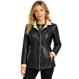 Women’s Carolina genuine leather hooded button jacket in black and beige front view