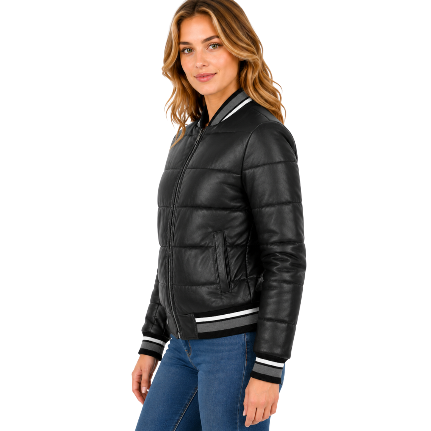 Women's Genuine Leather Puffer Bomber Jacket – Dolly Black | Quilted Zip-Up Coat