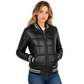 Front view of the Women's Genuine Leather Puffer Bomber Jacket Dolly Black crafted from genuine leather with quilted construction and ribbed trims.