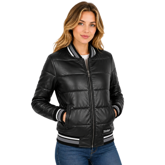 Front view of the Women's Genuine Leather Puffer Bomber Jacket Dolly Black crafted from genuine leather with quilted construction and ribbed trims.