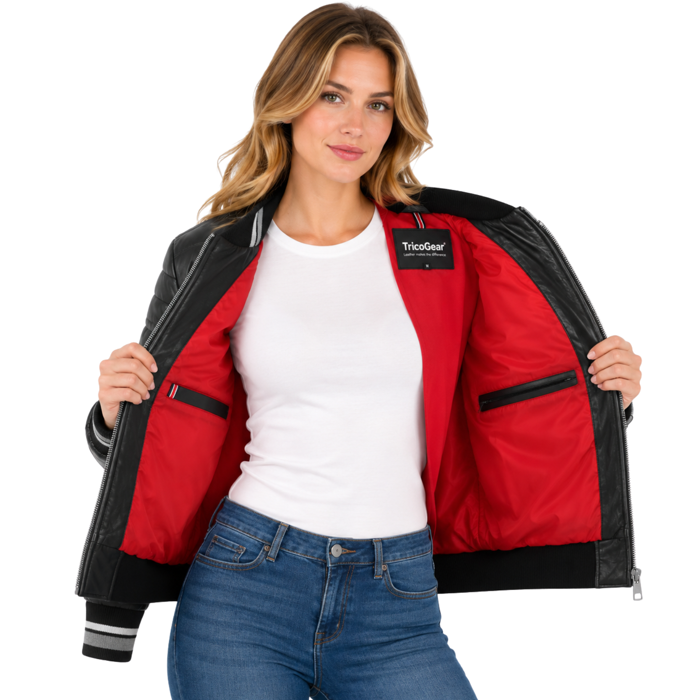 Right side profile of the Women's Genuine Leather Puffer Bomber Jacket Dolly Black featuring quilted genuine leather and a modern fitted silhouette.