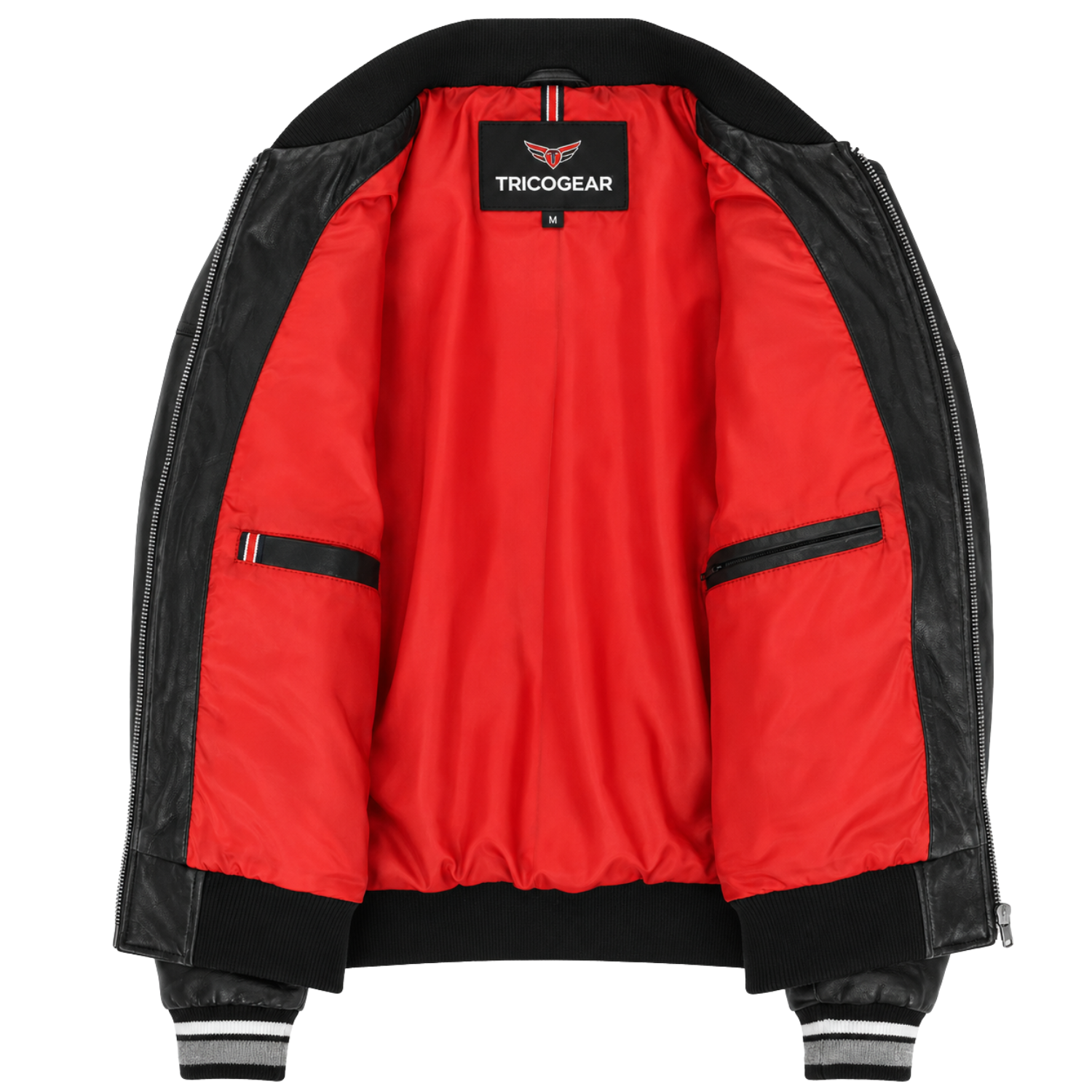 Interior view of the Women's Genuine Leather Puffer Bomber Jacket Dolly Black featuring premium red polyester lining, inside pockets, and TricoGear branding.