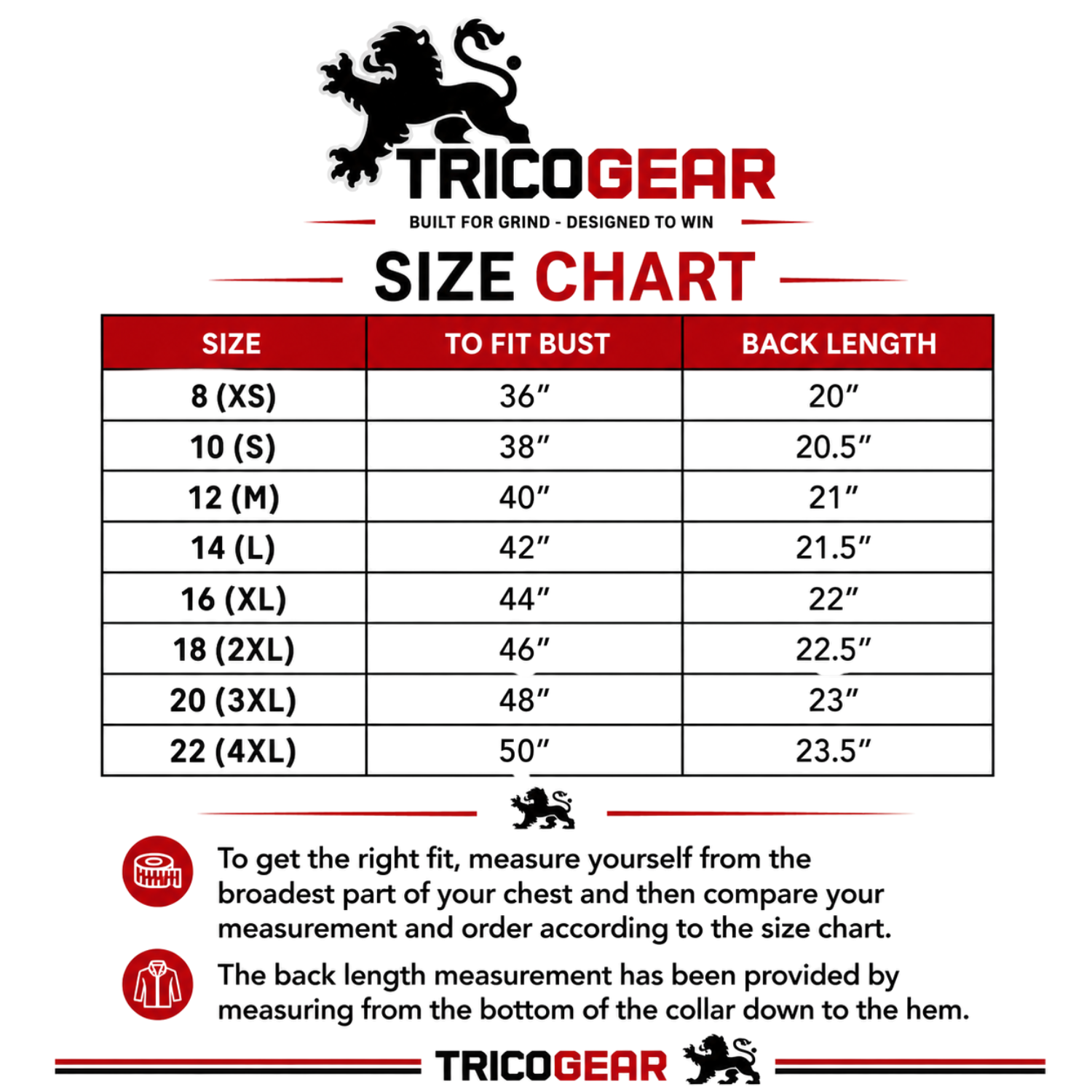 TricoGear Women's Genuine Leather Puffer Bomber Jacket Dolly Black size chart showing bust measurements and back length from XS to 4XL for accurate fit.