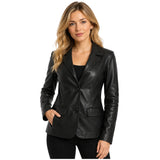 Women’s genuine leather semi-fitted two-button blazer Shirley Black front view