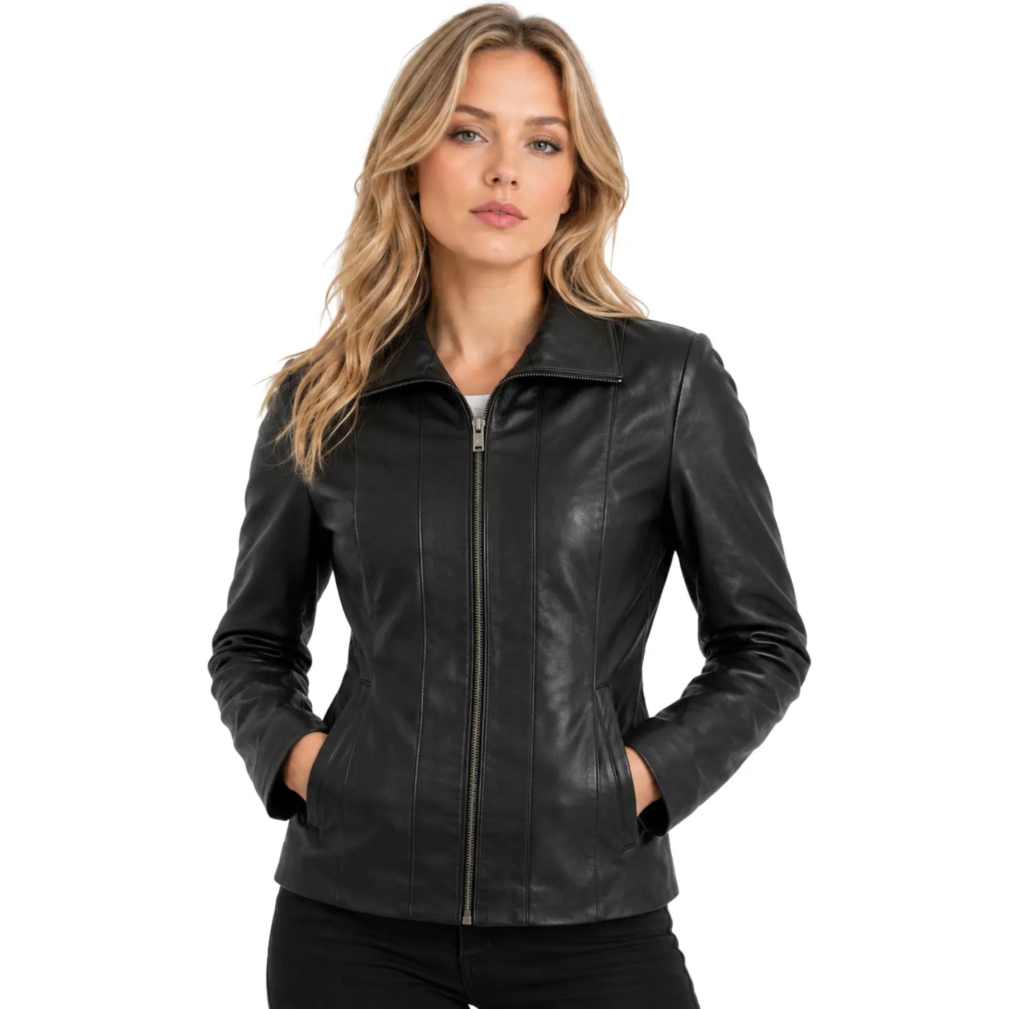 Women’s Julia genuine leather zip-up jacket in black front view