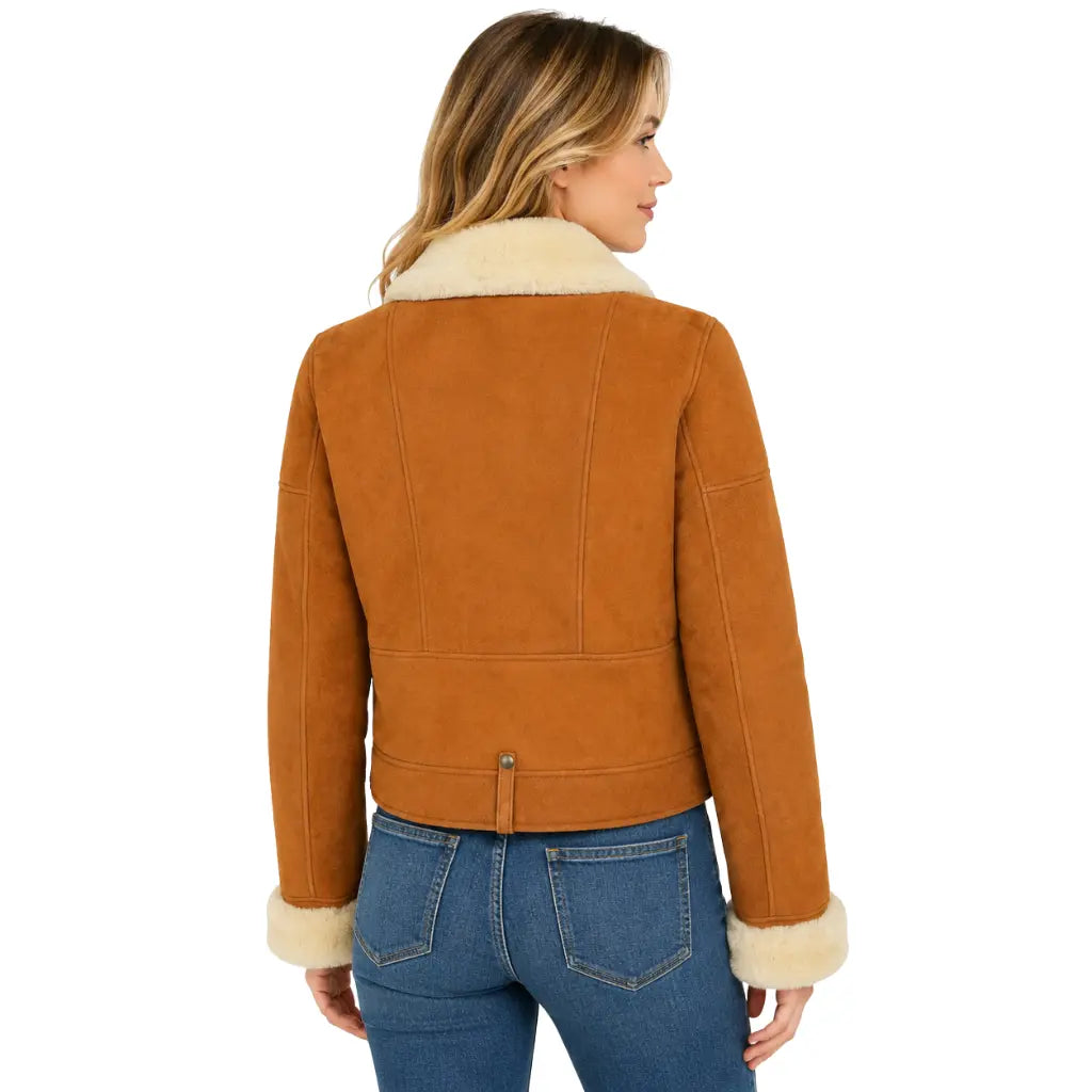 Back view of Women's Genuine Sheepskin Aviator Jacket Nora Tan & White Pilot Coat showing premium sheepskin leather construction