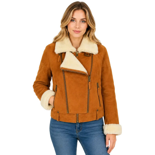 Women's Genuine Sheepskin Aviator Jacket Nora Tan & White Pilot Coat front view with soft shearling collar and zip fastening