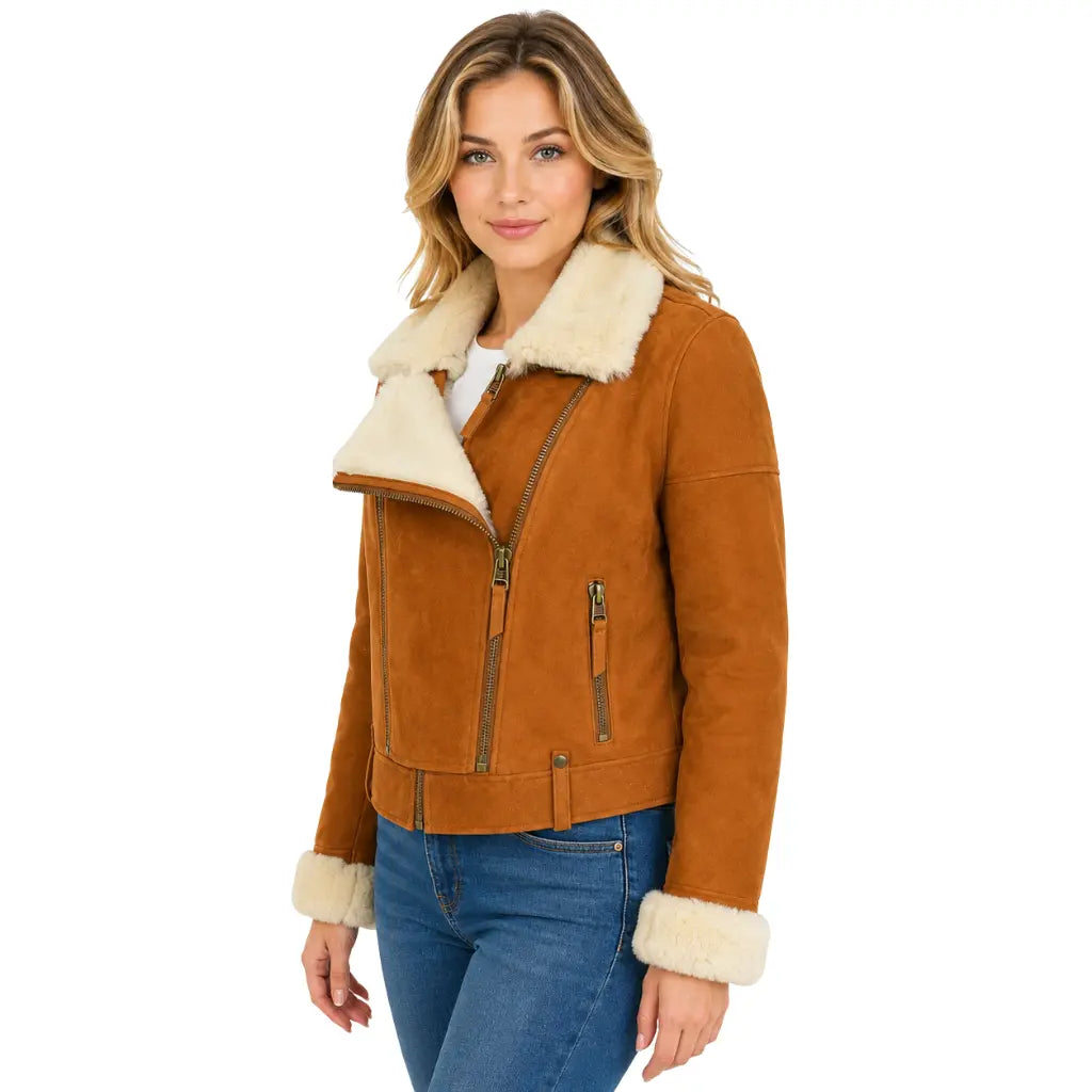 Women's Genuine Sheepskin Aviator Jacket Nora Tan & White Pilot Coat with open shearling collar and asymmetrical zip design