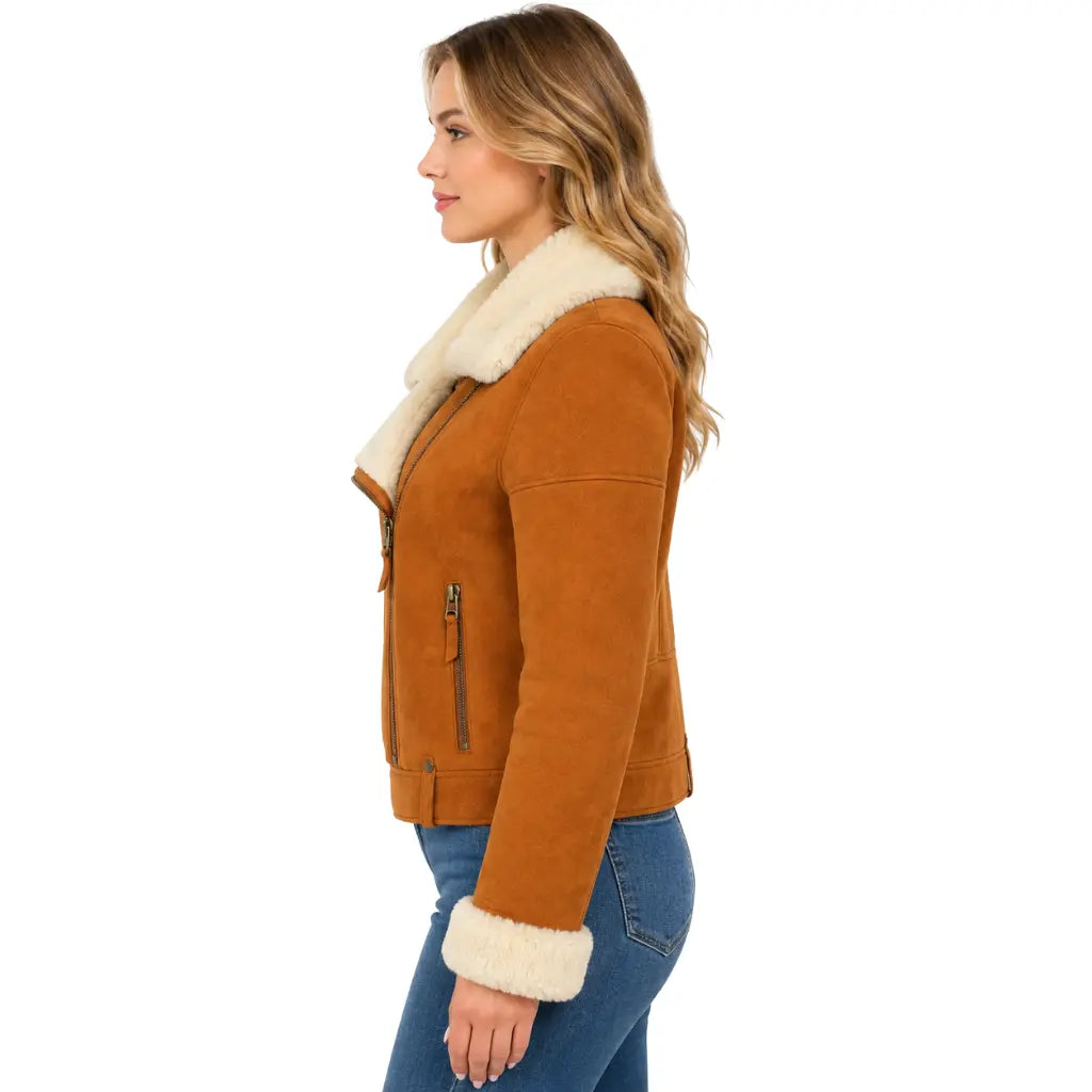 Side profile of Women's Genuine Sheepskin Aviator Jacket Nora Tan & White Pilot Coat highlighting the tailored fit and premium finish