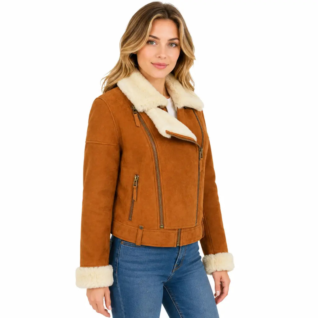 Three-quarter view of Women's Genuine Sheepskin Aviator Jacket Nora Tan & White Pilot Coat featuring genuine sheepskin leather and warm shearling trim