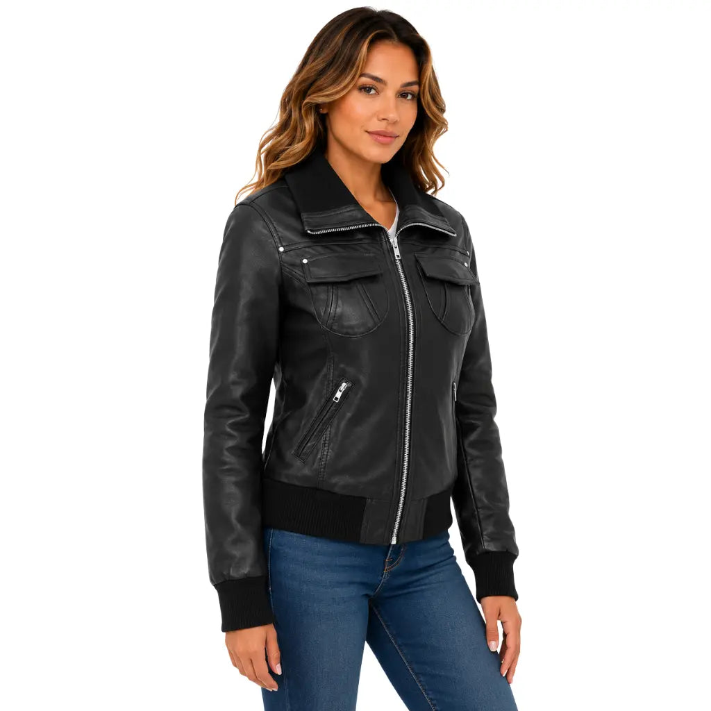 Women's Genuine Sheepskin RAF Aviator Jacket Elsie Black angled front view highlighting flap pockets and ribbed cuffs