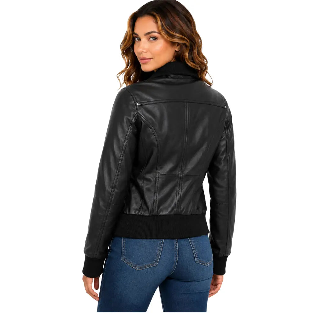 Women's Genuine Sheepskin RAF Aviator Jacket Elsie Black back view featuring classic bomber silhouette