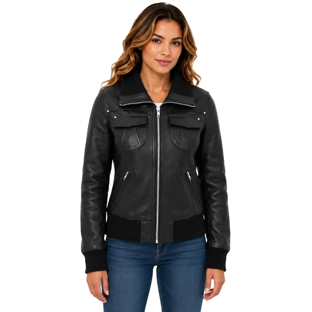 Women's Genuine Sheepskin RAF Aviator Jacket Elsie Black front view with ribbed collar and zip fastening