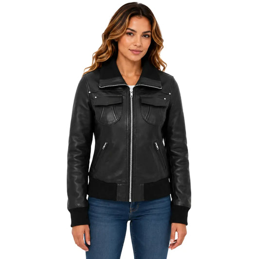 Women's Genuine Sheepskin RAF Aviator Jacket Elsie Black front view with ribbed collar and zip fastening