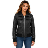 Women's Genuine Sheepskin RAF Aviator Jacket Elsie Black front view with ribbed collar and zip fastening