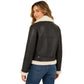 Rear three-quarter view of the women's brown and white genuine sheepskin RAF aviator jacket showcasing the soft shearling collar, tailored fit, and leather back panel.