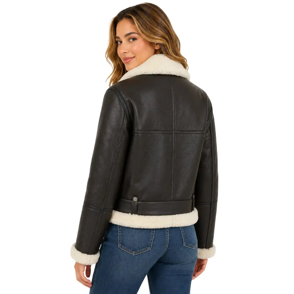 Rear three-quarter view of the women's brown and white genuine sheepskin RAF aviator jacket showcasing the soft shearling collar, tailored fit, and leather back panel.