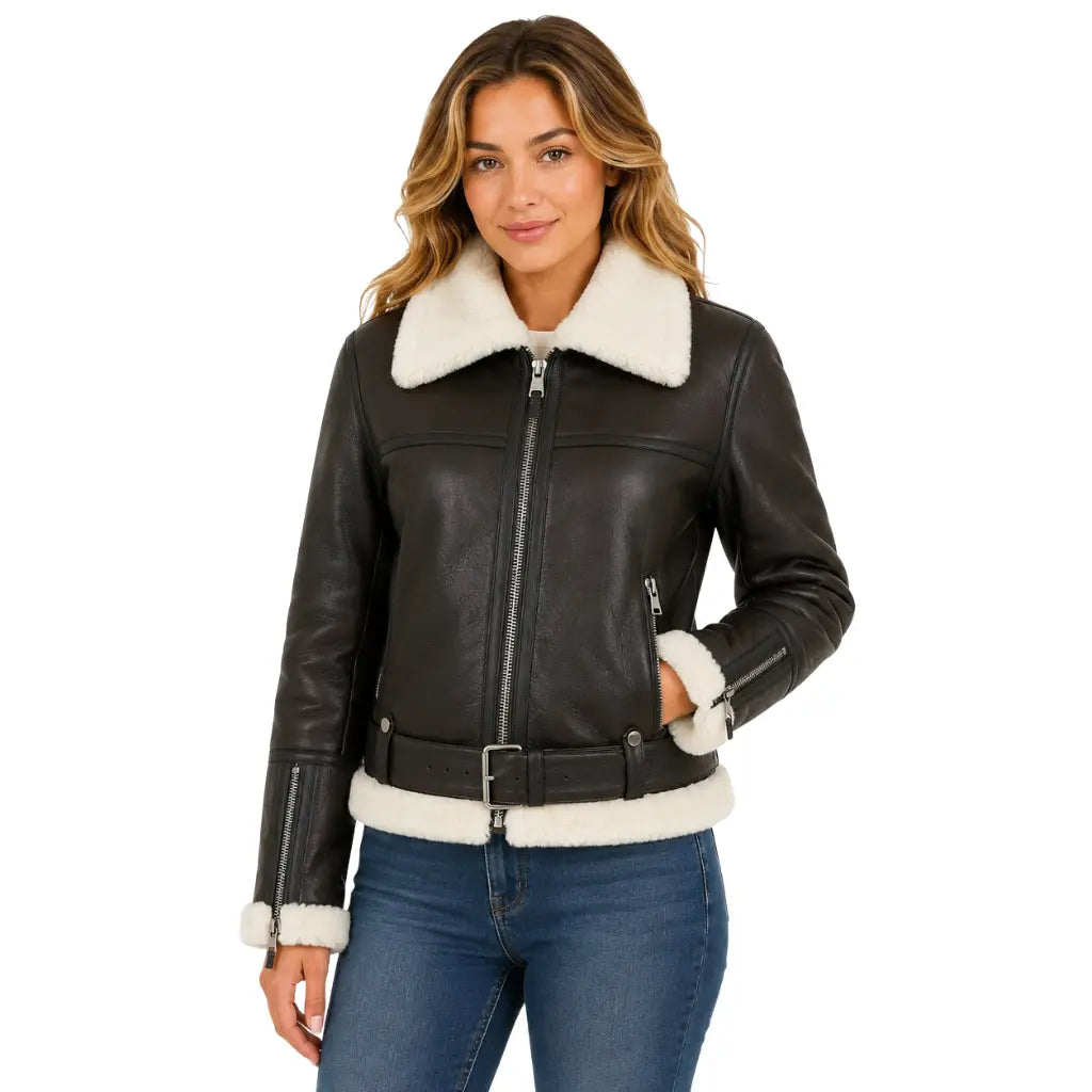 Women's genuine sheepskin RAF aviator jacket in brown and white, front view featuring soft white shearling collar, front zip closure, waist belt, and premium leather finish.