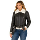 Three-quarter front view of the women's genuine sheepskin RAF aviator jacket featuring white shearling trim, adjustable waist belt, zip pockets, and premium leather construction.