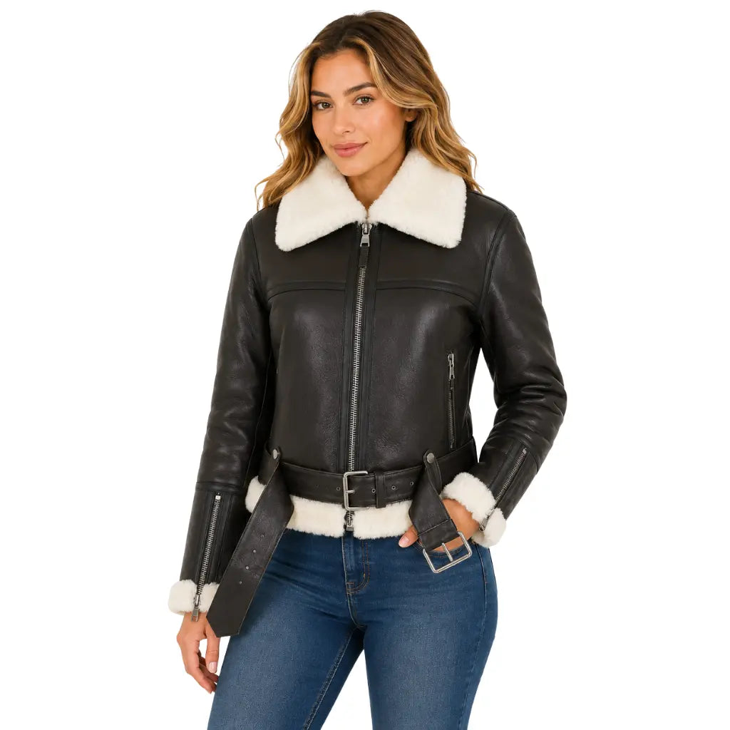 Three-quarter front view of the women's genuine sheepskin RAF aviator jacket featuring white shearling trim, adjustable waist belt, zip pockets, and premium leather construction.