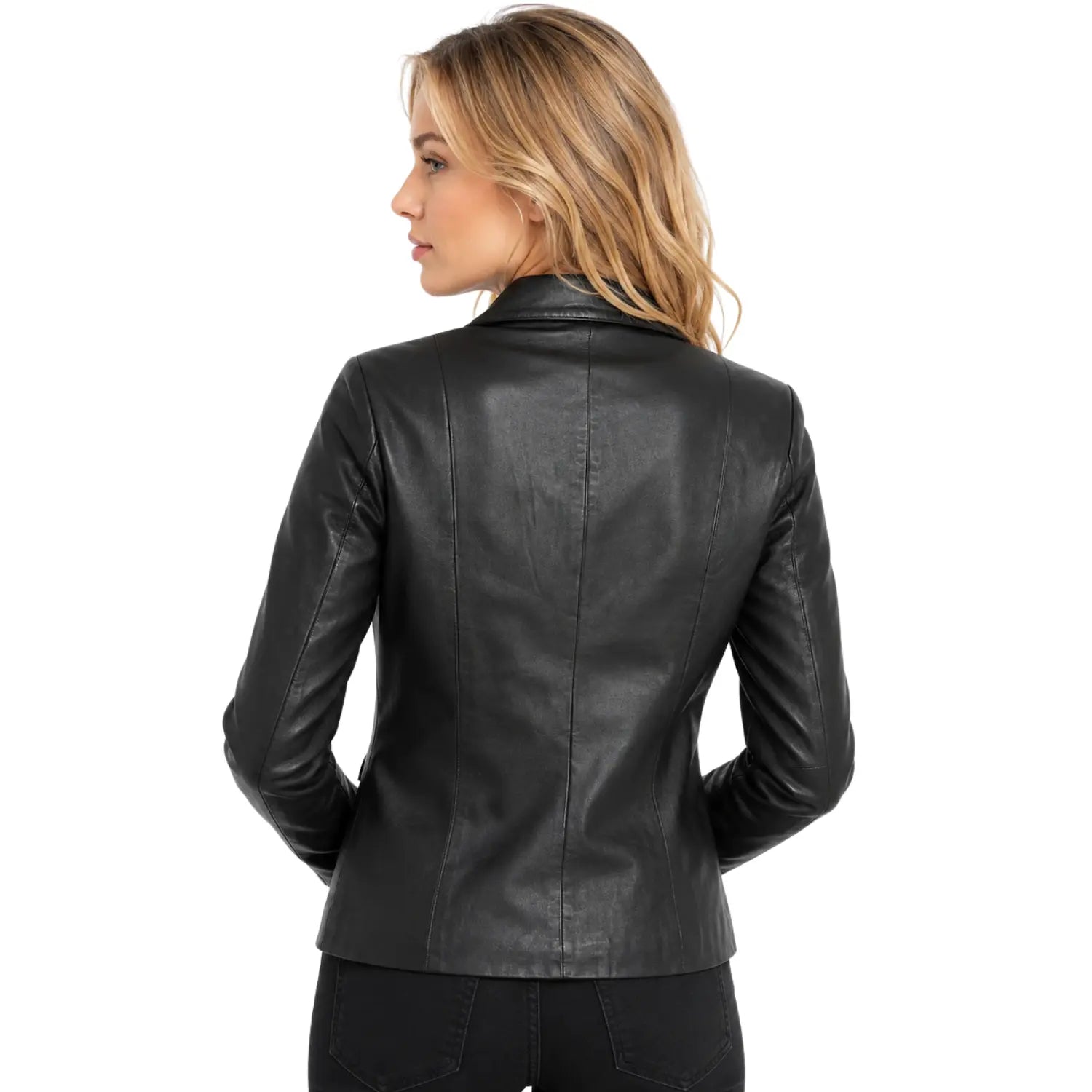 Women’s Julia black genuine leather zip-up jacket back view